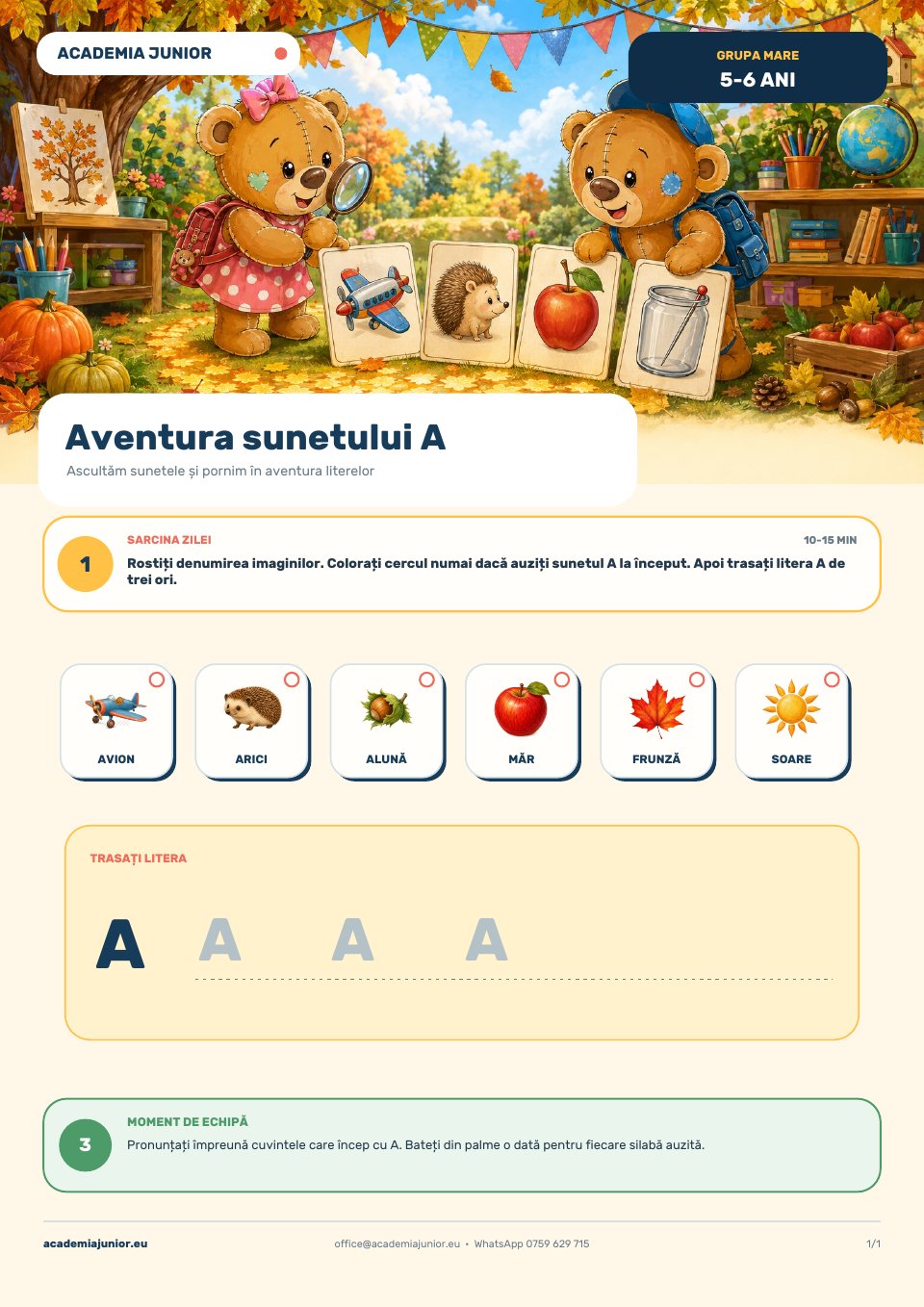 Planșa completă Aventura sunetului A, Grupa mare, 5–6 ani