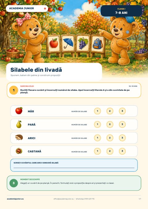 Planșa Silabele din livadă — Clasa I · 7–8 ani